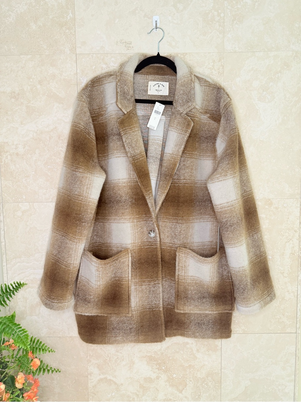 Electric & Rose Brown Plaid Oversized Shacket Jacket L NWT